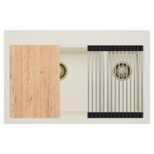 HD Aspen White 78 kétmedencés gránit mosogatótálca szett, vágódeszkával, acél csepegtetőráccsal, tört fehér színben, szálcsiszolt arany leeresztő szifonnal