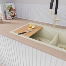 HD Aspen White 78 kétmedencés gránit mosogatótálca szett, vágódeszkával, acél csepegtetőráccsal, tört fehér színben, szálcsiszolt arany leeresztő szifonnal