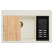 HD Aspen White 78 kétmedencés gránit mosogatótálca szett, vágódeszkával, matt fekete csepegtetőkosárral, tört fehér színben, szálcsiszolt arany leeresztő szifonnal