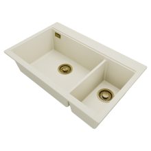 HD Aspen White 78 kétmedencés gránit mosogatótálca, vágódeszkával, tört fehér színben, szálcsiszolt arany leeresztő szifonnal