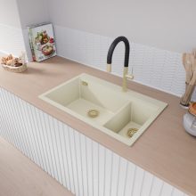 HD Aspen White 78 kétmedencés gránit mosogatótálca, vágódeszkával, tört fehér színben, szálcsiszolt arany leeresztő szifonnal