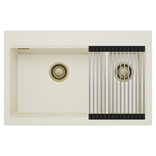 HD Aspen White 78 kétmedencés gránit mosogatótálca szett, acél csepegtetőráccsal, tört fehér színben, szálcsiszolt arany leeresztő szifonnal