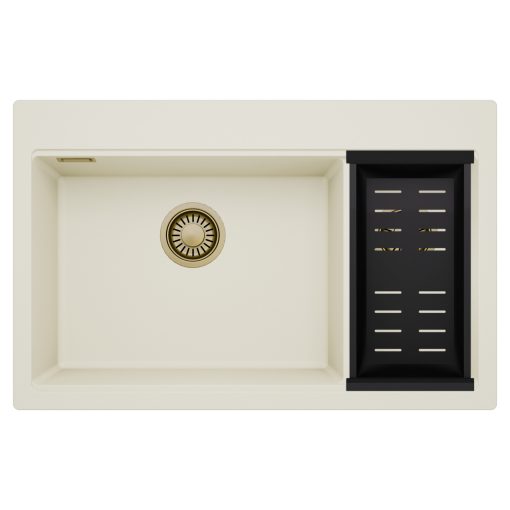 HD Aspen White 78 kétmedencés gránit mosogatótálca szett, matt fekete csepegtetőkosárral, tört fehér színben, szálcsiszolt arany leeresztő szifonnal