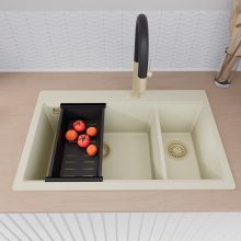 HD Aspen White 78 kétmedencés gránit mosogatótálca szett, matt fekete csepegtetőkosárral, tört fehér színben, szálcsiszolt arany leeresztő szifonnal