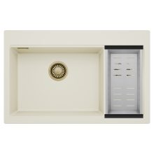 HD Aspen White 78 kétmedencés gránit mosogatótálca szett, acél csepegtetőkosárral, tört fehér színben, szálcsiszolt arany leeresztő szifonnal