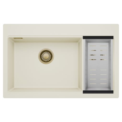 HD Aspen White 78 kétmedencés gránit mosogatótálca szett, acél csepegtetőkosárral, tört fehér színben, szálcsiszolt arany leeresztő szifonnal