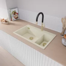 HD Aspen White 78 kétmedencés gránit mosogatótálca, tört fehér színben, szálcsiszolt arany leeresztő szifonnal