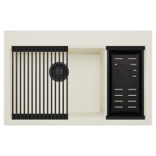 HD Aspen White 78 kétmedencés gránit mosogatótálca szett, matt fekete csepegtetőráccsal és kosárral, tört fehér színben, matt fekete leeresztő szifonnal