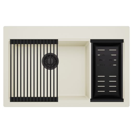 HD Aspen White 78 kétmedencés gránit mosogatótálca szett, matt fekete csepegtetőráccsal és kosárral, tört fehér színben, matt fekete leeresztő szifonnal