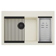 HD Aspen White 78 kétmedencés gránit mosogatótálca szett, matt fekete csepegtetőráccsal és krómozott kosárral, tört fehér színben, matt fekete leeresztő szifonnal