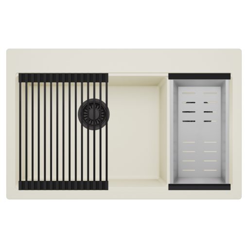 HD Aspen White 78 kétmedencés gránit mosogatótálca szett, matt fekete csepegtetőráccsal és krómozott kosárral, tört fehér színben, matt fekete leeresztő szifonnal