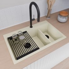 HD Aspen White 78 kétmedencés gránit mosogatótálca szett, matt fekete csepegtetőráccsal és krómozott kosárral, tört fehér színben, matt fekete leeresztő szifonnal