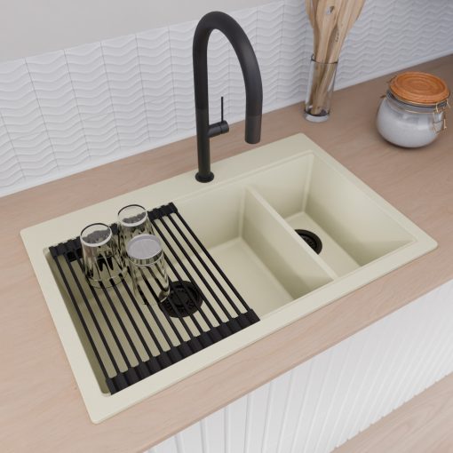 HD Aspen White 78 kétmedencés gránit mosogatótálca szett, matt fekete csepegtetőráccsal és krómozott kosárral, tört fehér színben, matt fekete leeresztő szifonnal