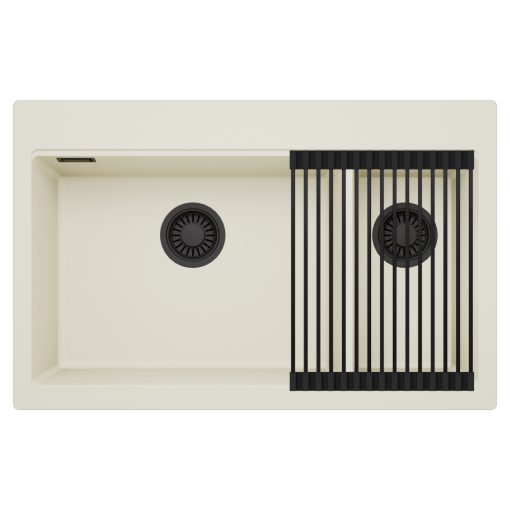 HD Aspen White 78 kétmedencés gránit mosogatótálca szett, matt fekete csepegtetőráccsal, tört fehér színben, matt fekete leeresztő szifonnal