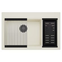 HD Aspen White 78 kétmedencés gránit mosogatótálca szett, acél csepegtetőráccsal és matt fekete kosárral, tört fehér színben, matt fekete leeresztő szifonnal