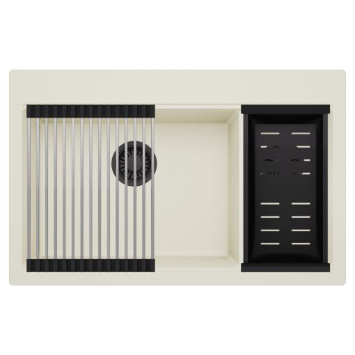 HD Aspen White 78 kétmedencés gránit mosogatótálca szett, acél csepegtetőráccsal és matt fekete kosárral, tört fehér színben, matt fekete leeresztő szifonnal