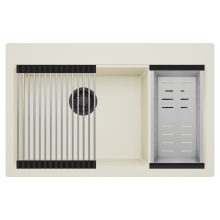 HD Aspen White 78 kétmedencés gránit mosogatótálca szett, acél csepegtetőráccsal és kosárral, tört fehér színben, matt fekete leeresztő szifonnal