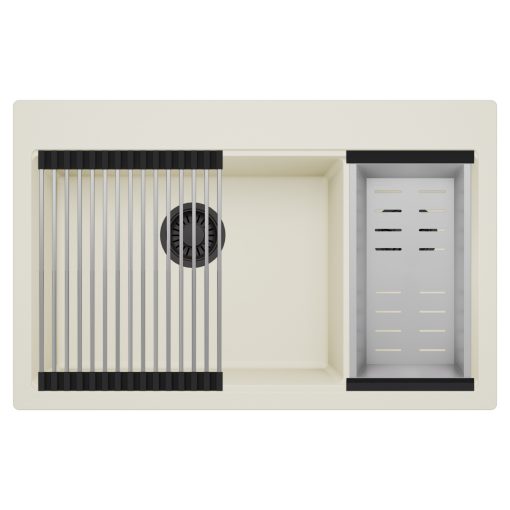 HD Aspen White 78 kétmedencés gránit mosogatótálca szett, acél csepegtetőráccsal és kosárral, tört fehér színben, matt fekete leeresztő szifonnal