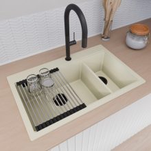 HD Aspen White 78 kétmedencés gránit mosogatótálca szett, acél csepegtetőráccsal és kosárral, tört fehér színben, matt fekete leeresztő szifonnal