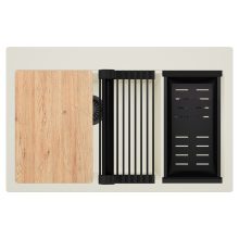 HD Aspen White 78 kétmedencés gránit mosogatótálca szett, vágódeszkával, matt fekete csepegtetőráccsal és kosárral, tört fehér színben, matt fekete leeresztő szifonnal