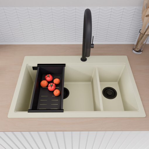 HD Aspen White 78 kétmedencés gránit mosogatótálca szett, vágódeszkával, matt fekete csepegtetőráccsal és kosárral, tört fehér színben, matt fekete leeresztő szifonnal