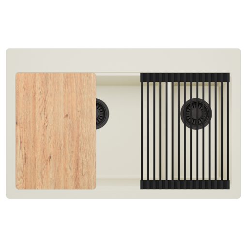 HD Aspen White 78 kétmedencés gránit mosogatótálca szett, vágódeszkával, matt fekete csepegtetőráccsal, tört fehér színben, matt fekete leeresztő szifonnal