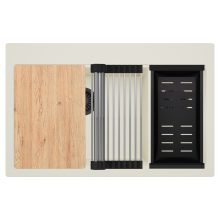 HD Aspen White 78 kétmedencés gránit mosogatótálca szett, vágódeszkával, acél csepegtetőráccsal és matt fekete kosárral, tört fehér színben, matt fekete leeresztő szifonnal