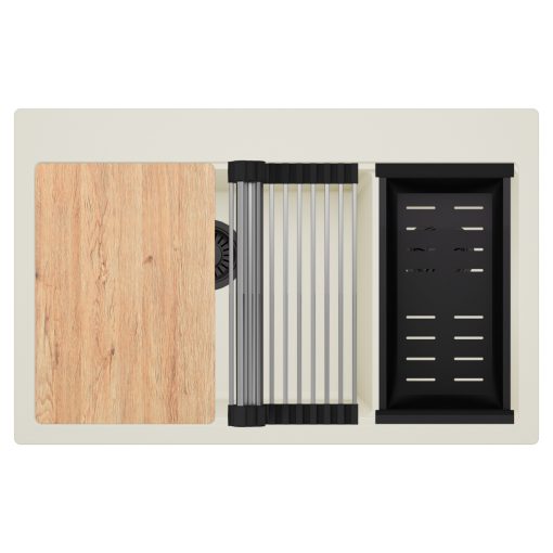 HD Aspen White 78 kétmedencés gránit mosogatótálca szett, vágódeszkával, acél csepegtetőráccsal és matt fekete kosárral, tört fehér színben, matt fekete leeresztő szifonnal