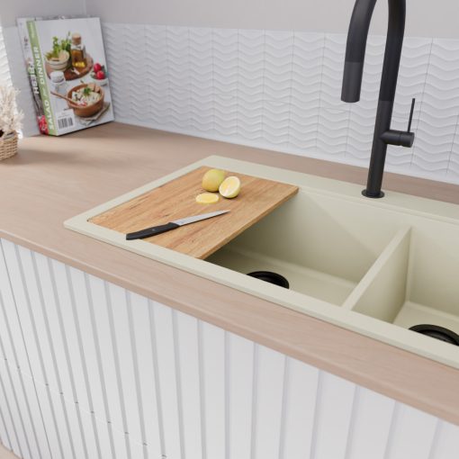 HD Aspen White 78 kétmedencés gránit mosogatótálca szett, vágódeszkával, acél csepegtetőráccsal és matt fekete kosárral, tört fehér színben, matt fekete leeresztő szifonnal