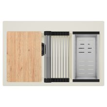 HD Aspen White 78 kétmedencés gránit mosogatótálca szett, vágódeszkával, acél csepegtetőráccsal és kosárral, tört fehér színben, matt fekete leeresztő szifonnal