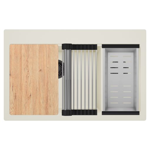 HD Aspen White 78 kétmedencés gránit mosogatótálca szett, vágódeszkával, acél csepegtetőráccsal és kosárral, tört fehér színben, matt fekete leeresztő szifonnal