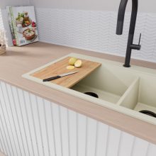 HD Aspen White 78 kétmedencés gránit mosogatótálca szett, vágódeszkával, acél csepegtetőráccsal és kosárral, tört fehér színben, matt fekete leeresztő szifonnal