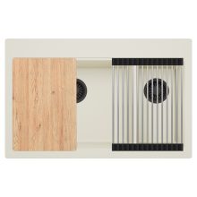 HD Aspen White 78 kétmedencés gránit mosogatótálca szett, vágódeszkával, acél csepegtetőráccsal, tört fehér színben, matt fekete leeresztő szifonnal