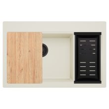 HD Aspen White 78 kétmedencés gránit mosogatótálca szett, vágódeszkával, matt fekete csepegtetőkosárral, tört fehér színben, matt fekete leeresztő szifonnal