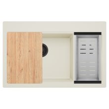 HD Aspen White 78 kétmedencés gránit mosogatótálca szett, vágódeszkával, acél csepegtetőkosárral, tört fehér színben, matt fekete leeresztő szifonnal