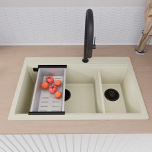 HD Aspen White 78 kétmedencés gránit mosogatótálca szett, vágódeszkával, acél csepegtetőkosárral, tört fehér színben, matt fekete leeresztő szifonnal