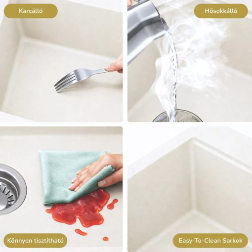 HD Aspen White 78 kétmedencés gránit mosogatótálca szett, vágódeszkával, acél csepegtetőkosárral, tört fehér színben, matt fekete leeresztő szifonnal