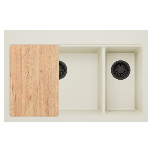 HD Aspen White 78 kétmedencés gránit mosogatótálca, vágódeszkával, tört fehér színben, matt fekete leeresztő szifonnal