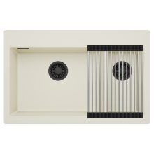 HD Aspen White 78 kétmedencés gránit mosogatótálca szett, acél csepegtetőráccsal, tört fehér színben, matt fekete leeresztő szifonnal