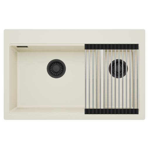 HD Aspen White 78 kétmedencés gránit mosogatótálca szett, acél csepegtetőráccsal, tört fehér színben, matt fekete leeresztő szifonnal