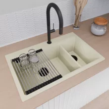 HD Aspen White 78 kétmedencés gránit mosogatótálca szett, acél csepegtetőráccsal, tört fehér színben, matt fekete leeresztő szifonnal