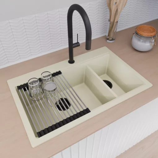 HD Aspen White 78 kétmedencés gránit mosogatótálca szett, acél csepegtetőráccsal, tört fehér színben, matt fekete leeresztő szifonnal