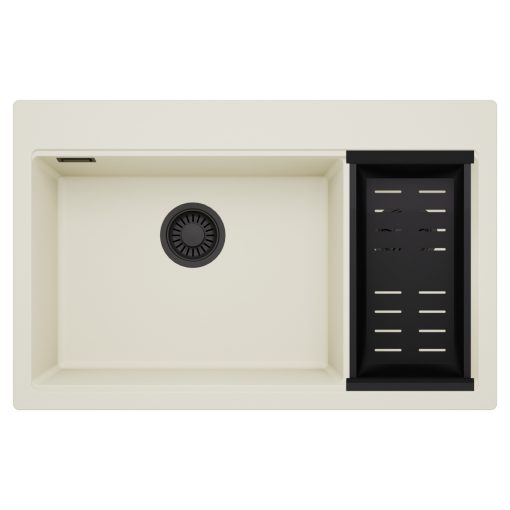 HD Aspen White 78 kétmedencés gránit mosogatótálca szett, matt fekete csepegtetőkosárral, tört fehér színben, matt fekete leeresztő szifonnal
