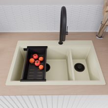 HD Aspen White 78 kétmedencés gránit mosogatótálca szett, matt fekete csepegtetőkosárral, tört fehér színben, matt fekete leeresztő szifonnal