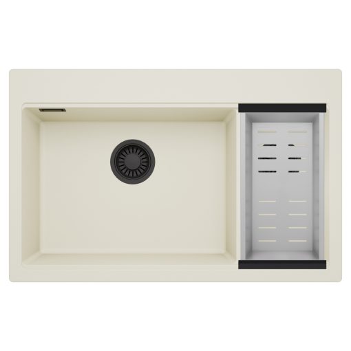 HD Aspen White 78 kétmedencés gránit mosogatótálca szett, acél csepegtetőkosárral, tört fehér színben, matt fekete leeresztő szifonnal