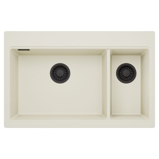 HD Aspen White 78 kétmedencés gránit mosogatótálca, tört fehér színben, matt fekete leeresztő szifonnal