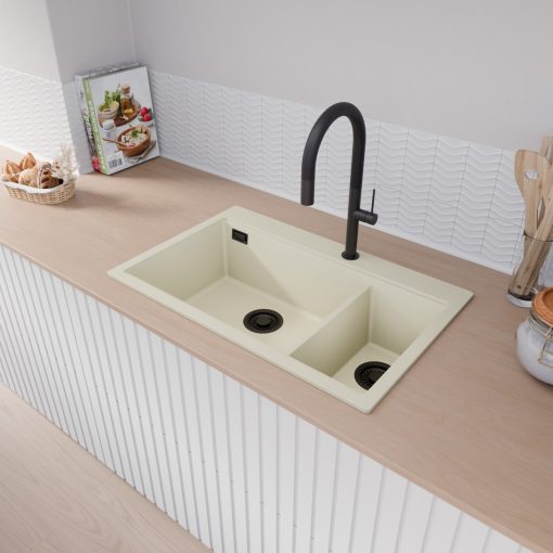 HD Aspen White 78 kétmedencés gránit mosogatótálca, tört fehér színben, matt fekete leeresztő szifonnal