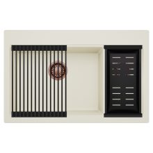 HD Aspen White 78 kétmedencés gránit mosogatótálca szett, matt fekete csepegtetőráccsal és kosárral, tört fehér színben, szálcsiszolt réz leeresztő szifonnal