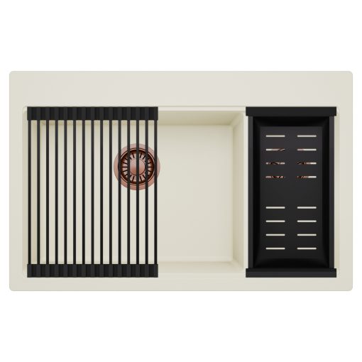 HD Aspen White 78 kétmedencés gránit mosogatótálca szett, matt fekete csepegtetőráccsal és kosárral, tört fehér színben, szálcsiszolt réz leeresztő szifonnal