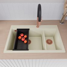 HD Aspen White 78 kétmedencés gránit mosogatótálca szett, matt fekete csepegtetőráccsal és kosárral, tört fehér színben, szálcsiszolt réz leeresztő szifonnal